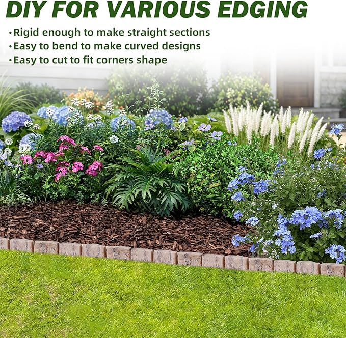 Landscape Edging Garden Edging Border Faux Stone Edging,17FT x 2.75 in Tall Decorative Stone-Look Garden Border for Flower Bed Edging,Yard Edging,Lawn Trees and Gardens,with Anchoring Spikes,Brown