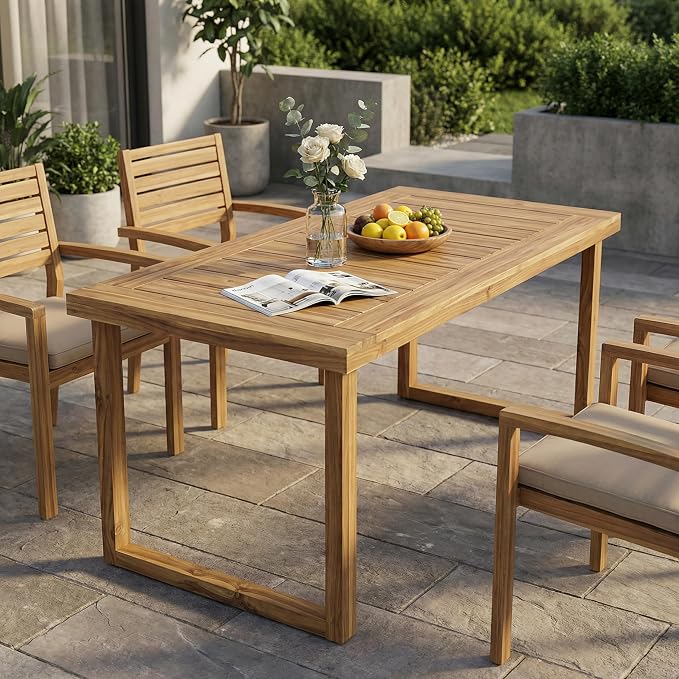 Merax 69" Outdoor Acacia Wood Dining Table, Rectangular Patio Table with Slatted Surface, Sandblast Natural Finish
