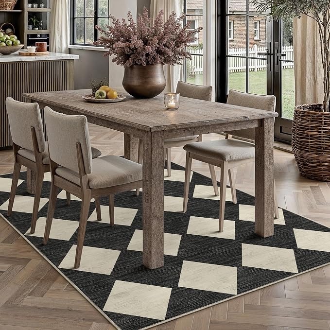 Black 3x5 Washable Area Rug Entryway Small Non Slip Checkered Rugs | Soft, Low Pile, Easy Clean, Diamond Pattern for Living Room, Bedroom, Kitchen, Office, Nursery, Modern Indoor Decor