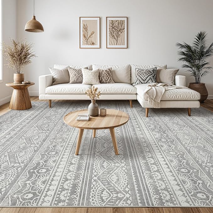 Tortania Area Rug Living Room Rugs - 5x8 Washable Large Soft Neutral Boho Moroccan Bohemian Farmhouse Rug Indoor Floor Carpet for Bedroom Under Dining Table Home Office Decor - Neutral Grey