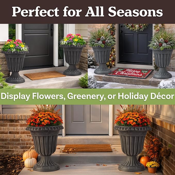 Outdoor Planter 2-Pack - 16x18-Inch Urn Planters for Front Porch Decor, Indoors, Patio or Entryway - Plastic Plant Pots - Large Decorative Flower Pots by Pure Garden (Stone Gray)