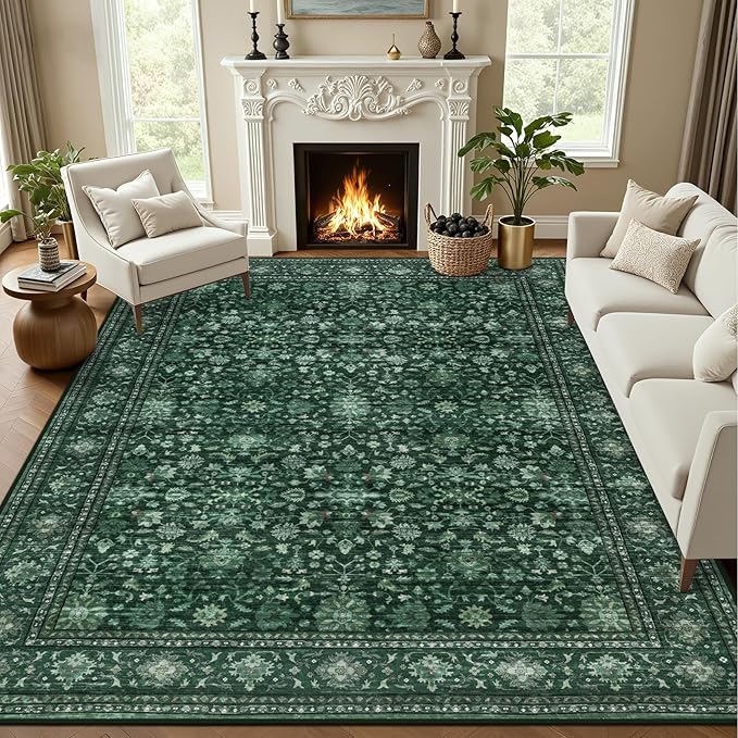 10x14 Area Rugs Living Room: Washable Rug for Bedroom Deep Green | Vintage No Slip Stain Resistant Rug Soft Indoor Decor Floor Floral Area Rugs for Dining Room, Nursery, Hallway, Home Office