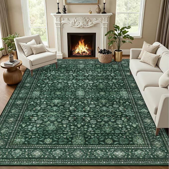 10x12 Area Rugs Living Room: Washable Rug for Bedroom Deep Green | Vintage No Slip Stain Resistant Rug Soft Indoor Decor Floor Floral Area Rugs for Dining Room, Nursery, Hallway, Home Office