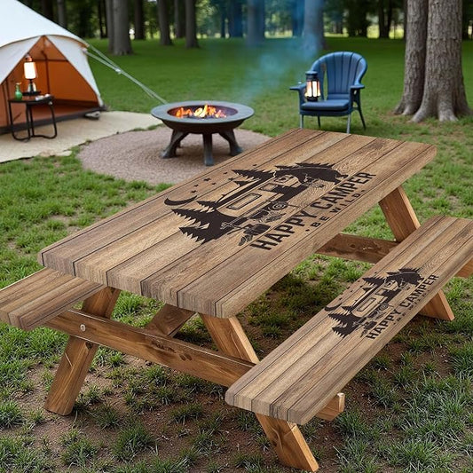 Picnic Table Cover with Bench Covers, Waterproof Windproof Fitted Outdoor Tablecloth with Elastic Rectangle Table Camping Must Haves Rv Accessories, 60in, Brown Wooden