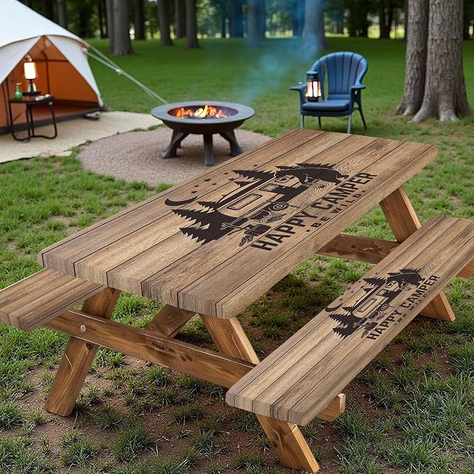 Picnic Table Cover with Bench Covers, Waterproof Windproof Fitted Outdoor Tablecloth with Elastic Rectangle Table Camping Must Haves Rv Accessories, 96in, Brown Wooden