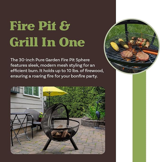 Outdoor Fire Pit Sphere - 30” Flaming Ball Fire Pit with Grill for Barbequing - Firepit Grill Wood Fire Pits for Outside Patio Decor by Pure Garden