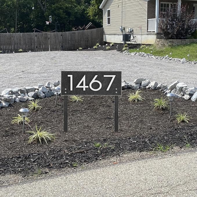 Personalized Address Sign LAWN MOUNTED - House Number Sign,Address Plaque,House Address Numbers for Outside House Lawn Insert,Yard,Ground,Garden,Drive Way Free Standing with Stakes(Silver)