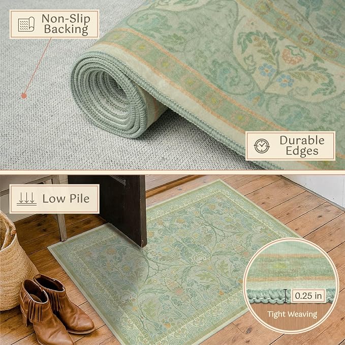 Floral 2x6 Washable Long Hallway Runner Rugs Non Slip, Sage Green Soft Runner for Bedroom Beside Bed, Entryway, Kitchen, Bathroom, Thin Laundry Mat for Floor, Cottage Core Indoor Carpet Decor