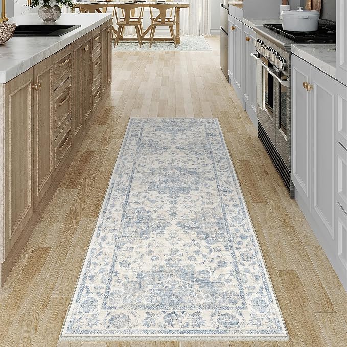 2x5 Blue Neutral Runner Rug | Washable, Non Slip, Soft Low Pile, Vintage Farmhouse, for Hallway Kitchen Laundry Bathroom Bedroom Living Room Home Decor
