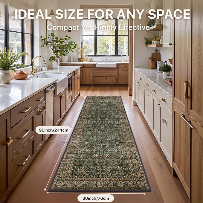 2'6" x 8' Kitchen Runner Rug, Washable Non Slip, Dark Green Brown | Vintage Floral, Spill Resistant, Lightweight Low Pile Carpet for Hallway, Bedroom, Laundry Room and Bathroom