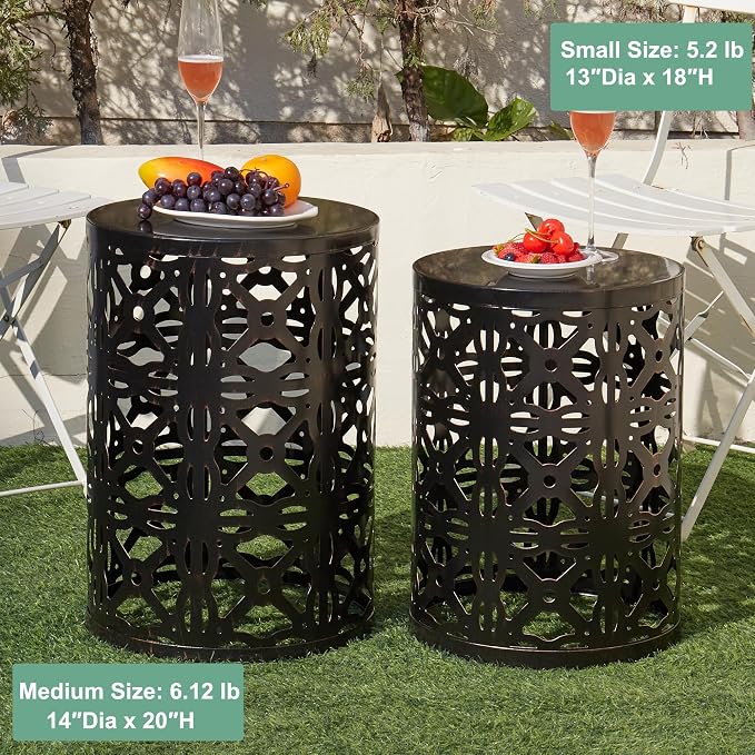 Y&M Outdoor Side Tables Set of 3, Round Metal Stacking Patio Side Tables, Indoor & Outdoor End Tables, Decorative Garden Stool Plant Stand for Patio, Garden, Balcony, Porch, Black with Bronze