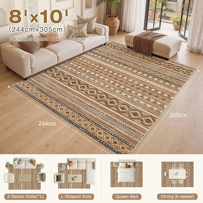cotiled Boho 8x10 Area Rugs for Living Room: Large Moroccan Washable Rug | Solve Modern Neutral Trendy Home Decor - Stain Resistan Carpet for Bedroom Farmhouse Dining Room Brown Beige