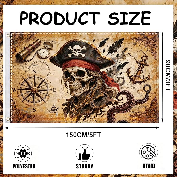 3x5ft Pirate Flag, Vintage Skull Pirate Flags for Outside, Double-Sided Printed Pirate Ship Decor Flag with 2 Grommets for Outdoor Yard, Party and Pirate Themed Decorations