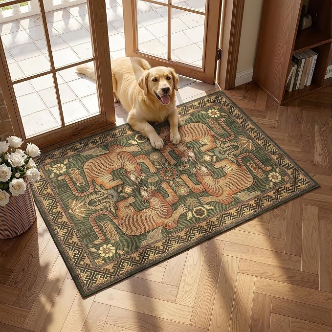 GarveeHome Boho Tiger Entryway Rug, 2x3 Vintage Tribal Washable Front Door Rug Indoor Entrance Green Animal Carpet Non-Slip Throw Rugs for Kitchen Floor, Powder Room, Entry, Bathroom, Kids Room
