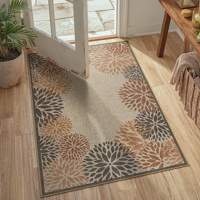 LIVEBOX Easy Jute 28''x43'' Front Porch Rug, Outdoor Non Slip Washable Kitchen Rug Modern Floral Bohemian Area Rugs Floor Hello Welcome Door Mat Carpet for Entryway Doorway(Beige 28''x43'')