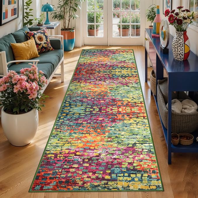 Tangsoo Colorful Abstract 3x7 Washable Runner Rug for Hallway Non Slip Fun | Modern Funky Soft Low Pile 7ft Runner Rug, Contemporary Carpet Runners for Kitchen Bedroom Entryway Living Room Home Decor