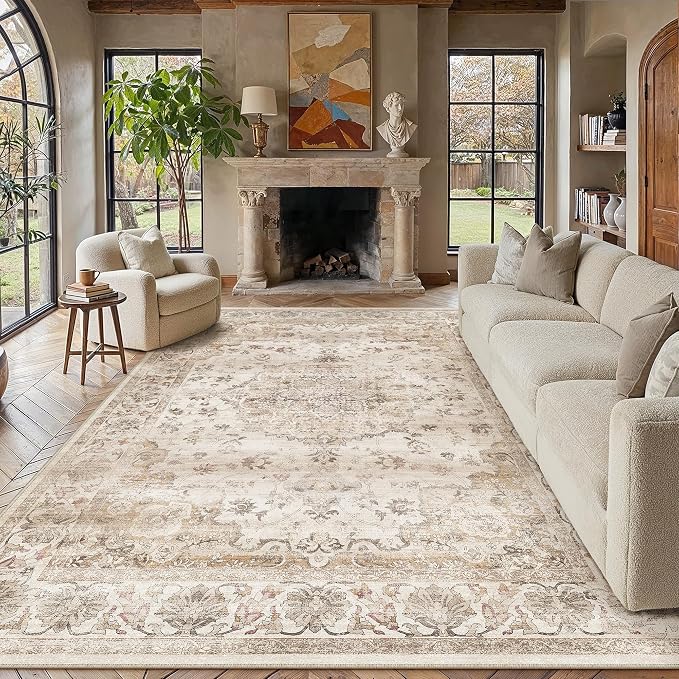 Beige Area Rug 10x12 Living Room Vintage Floral Non-Slip Carpet | Machine Washable, Soft, Low Pile, Distressed, Large for Bedroom, Dining Room, Office, Retro Neutral Decor