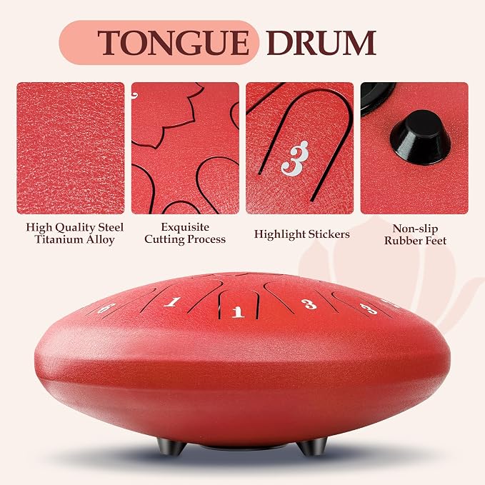 Red Steel Drum - 15 Note 12 Inch Steel Tongue Drum - Handpan Drum Music Book, Rain Drums Mallet, and Carry Bag