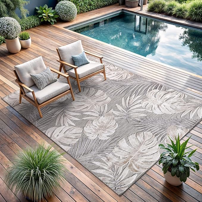 CAMILSON Indoor Outdoor Rug, Beige 10’x14’ Leaf Tropical Botanical Area Rugs for Indoor and Outdoor patios, Easy-Cleaning Non-Shedding Living Room, Garden and Kitchen Washable Outside Carpet (10x14)
