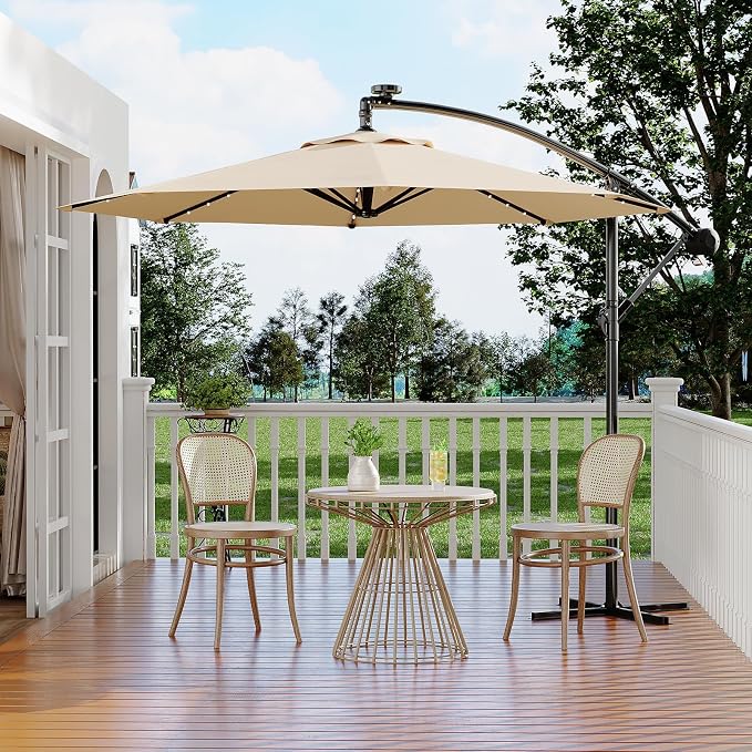 Garvee 10FT Solar Lights Offset Patio Umbrella with Cross Base, Cantilever Umbrella with Easy Lift & Tilt Adjustment, 8 Ribs Sun umbrella UV Protection for Backyard, Pool, Garden, Tan