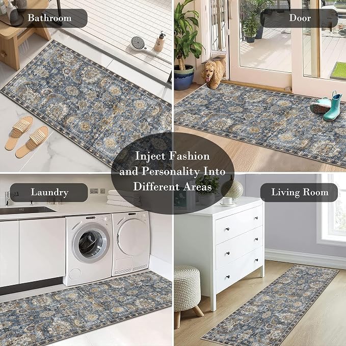 Washable Area Rugs - Perfect for Living Room, Bedroom, Kids Room, Nursery - Stain & Water Resistant Non-Slip, Pet & Child Friendly, Vintage Tribal Area Rugs (Navy, 2'6'' x 8')