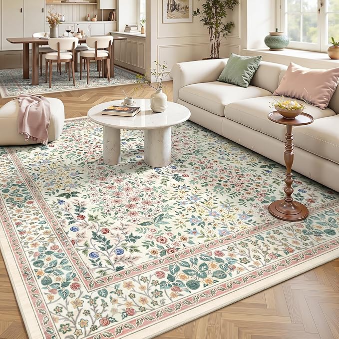 6x6 Square Area Rugs, Machine Washable Low Pile Floral Rugs for Living Room, Bedroom, Large Boho Area Rug with Non-Slip Backing for Dining Room(Pink Floral)