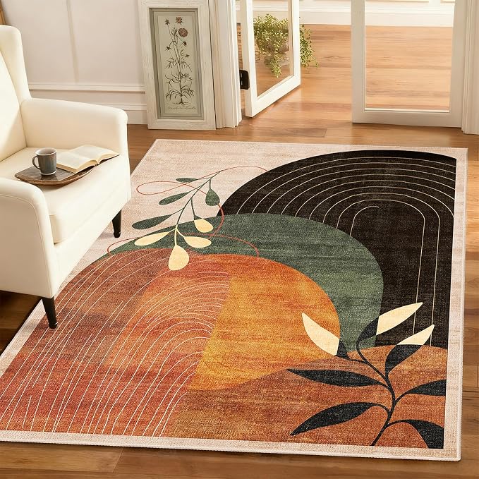 3x5 Washable Rugs Boho Area Rug Low Pile Non Slip Mid Century Modern | Small Throw Carpet for Bedroom Entryway Living Room Office Bedside Entry Indoor Boho Abstract Retro Terracotta Rust