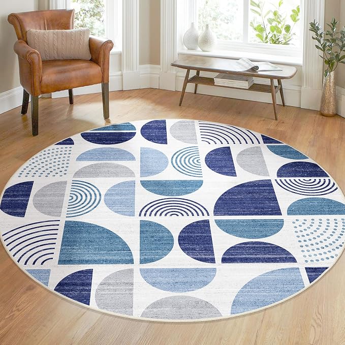 Round Rugs 5ft,Circle Area Rug Washable Non Slip Modern Abstract | Circular Rugs for Bedroom Living Room Dining Room Boho Throw Carpet Soft Low Pile Floor Indoor Bohemian Navy Blue