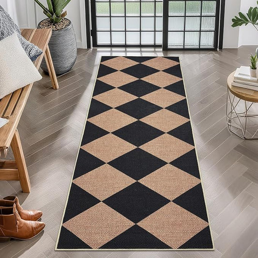 GarveeHome Easy Jute Rugs 2x8 Checkered Kitchen Runner Rugs Non Skid Washable Stain Resistant Indoor Outdoor Rugs for Living Room, Bedroom, Dining, Patio - Farmhouse Style Black Tan
