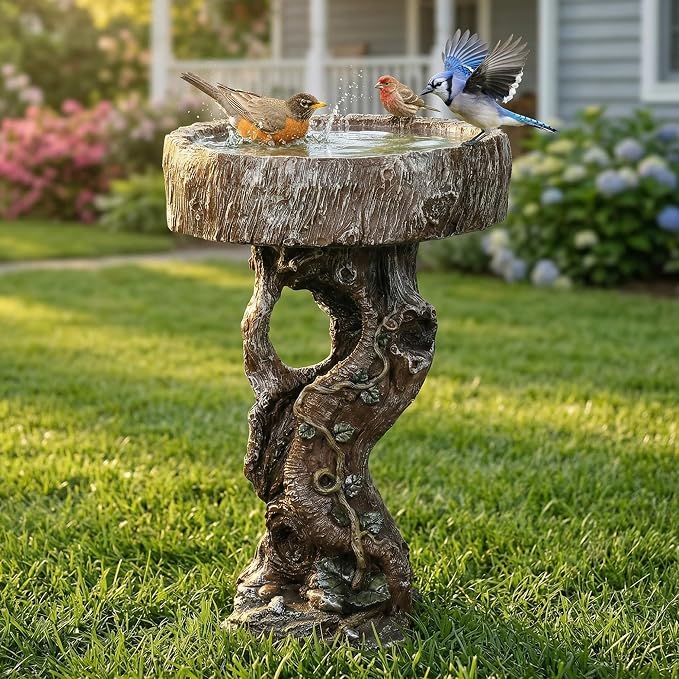 Hamiedun Bird Baths for Outdoor - 24.4" Tall Pedestal Resin fiber - Outdoor Standing Birdbath, Woodland Tree Trunk Decoration Yard Statue，Pedestal Birdbaths for Outdoors, Garden, Patio, Lawn, Backyard (24.4''H)