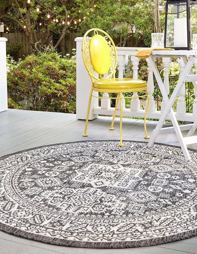 Unique Loom Outdoor Aztec Collection Area Rug - Chalca (13' Round, Charcoal Gray/ Ivory)