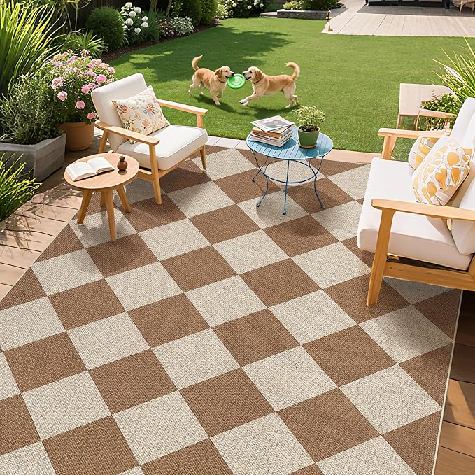 GarveeHome Checkered Easy Jute 3x5 Entryway Rug Machine Washable Outdoor Patio Rug Non-Slip Backing Checkerboard Brown Indoor Outdoor Carpet for Hallway Bathroom Kitchen Bedroom