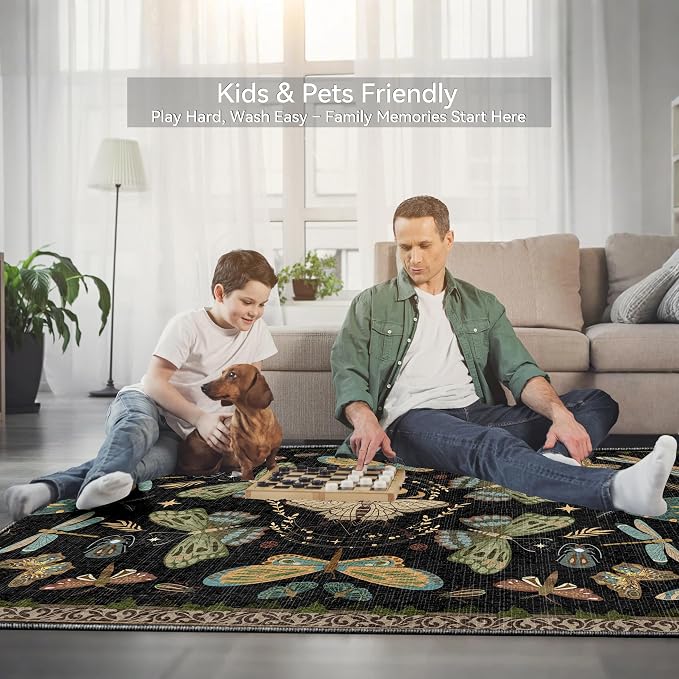 Dark Academia Gothic Black Area Rug 8x10 - Moth Carpet with Fantasy Design, Luxurious Machine Washable Non-Slip Rug for Living Room, Bedroom.