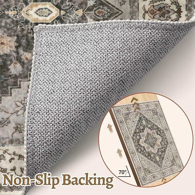 Tangsoo 4x6 Washable Area Rug for Living Room, Farmhouse Non Slip Rug | Vintage Machine Washable Large Rugs Carpet, Soft Low Pile Foldable Rugs for Dining Room Bedroom Dorm Bedside Bathroom Grey