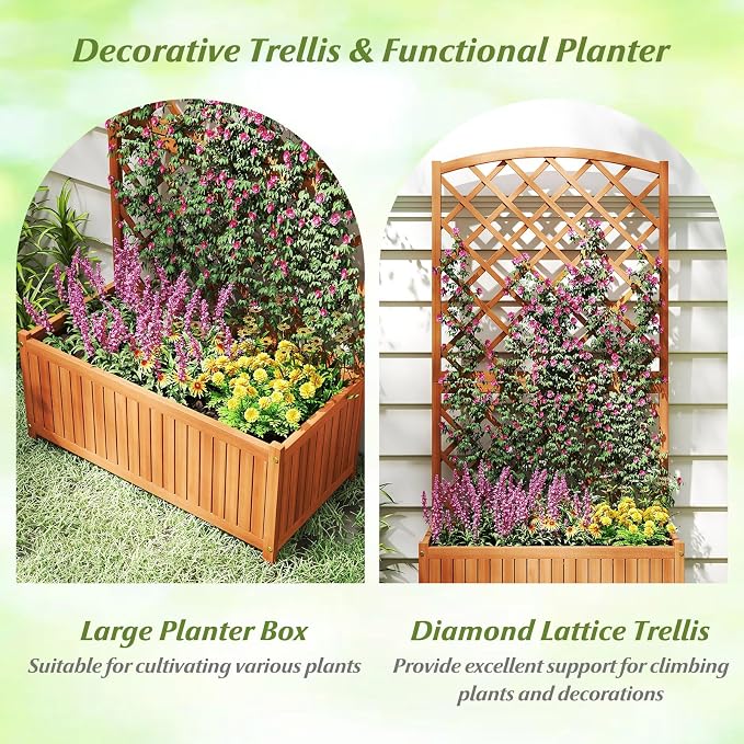 Giantex Solid Acacia Wood Planter Box with Trellis, 63" Raised Garden Bed with Trellis, Plant Box, Slat Base, Outdoor Privacy Planter for Vine Climbing Plants Flowers, Garden, Patio, Balcony