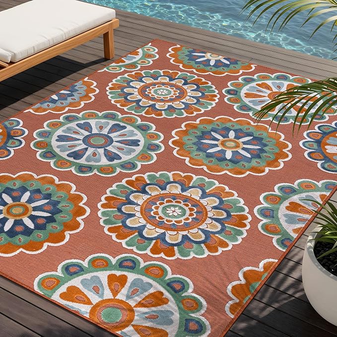 Outdoor Rug 6x9 Washable Area Rugs Indoor Outdoor Carpets Orange Bohemian Medallion Non Shedding Waterproof Easy Clean Patio Deck Porch Living Room Bedroom Garden RV (6 X 9 Orange)