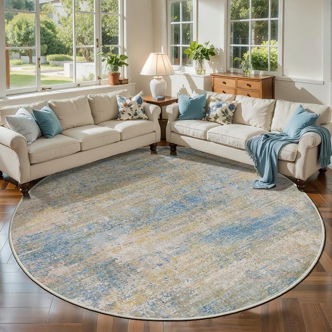 Tangsoo Abstract Washable Round Area Rug 6ft, Modern Non Slip Circle Rug | Contemporary 6x6 Large Round Carpet, Soft Low Pile Circular Rugs for Living Room, Bedroom, Nursery, Office, Blue Beige Decor