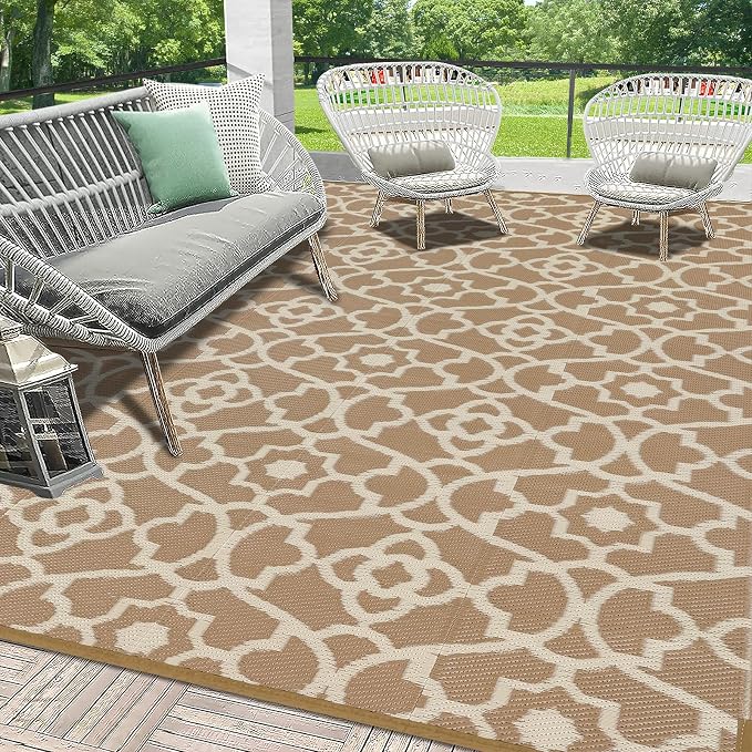 HEBE Outdoor Rug Waterproof 9x12, Reversible Plastic Straw Rug RV Camping Rug, Indoor Outdoor Patio Mat Clearance, Outside Carpet for Porch,Deck,Camper,Balcony,Backyard,Picnic