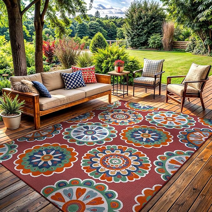 Outdoor Rug 10x14 Washable Area Rugs Indoor Outdoor Carpets Red Bohemian Medallion Non Shedding Waterproof Easy Clean Patio Deck Porch Living Room Bedroom Garden RV (10 X 14 Red)