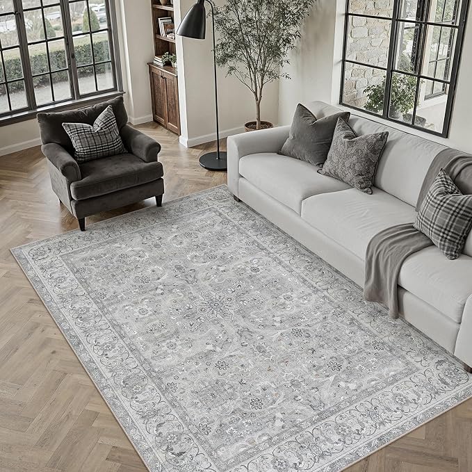 Gray 5x7 Washable Area Rug Bedroom Vintage Distressed Carpet | Soft Low Pile, Non Slip, Stain Resistant, Large for Dining Room, Living Room, Office, Kids Room, Retro Accent Decor