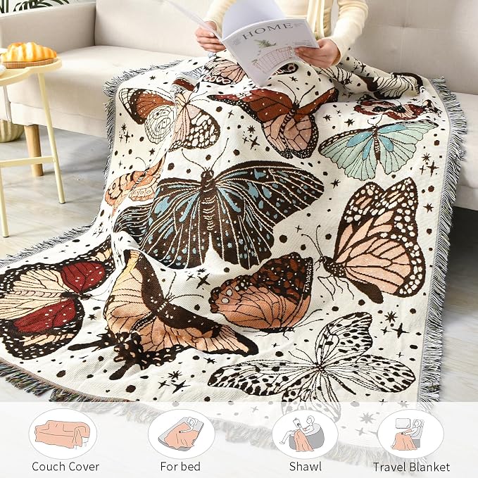 Boho Throw Blanket Reversible Cotton Bohemian Tapestry Hippie Room Decor Double Sided (Month Moth Print 50"x60")