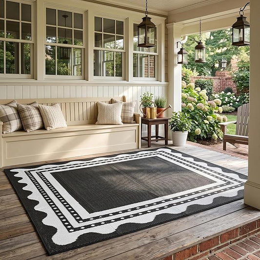 IDEALHOUSE Waterproof Outdoor Rug 9x12 for Patio, Reversible Modern Area Rug, Large Plastic Straw Mat for Camping, RV, Porch, Backyard, Deck, Picnic, Beach, Grey & White