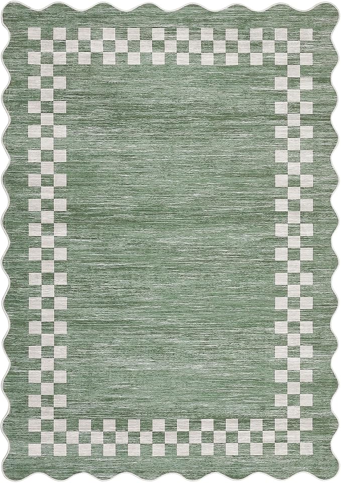 GarveeHome Washable Scalloped Small Area Rug 2x3 Modern Checkered Entry Rug | Solid Kitchen Rugs Bedroom Doormat Non Slip Stain Resistant Bordered Throw Carpet for Living Room Nursery Laundry, Green