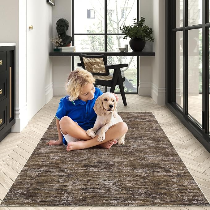 GarveeHome 5x7 Living Room Rugs Modern Washable Area Rug for Bedroom, Stain Resistant Neutral Solid Color Rugs with Rubber Backing, Non Shedding Low Pile Carpet for Dining Room, Entryway, Brown
