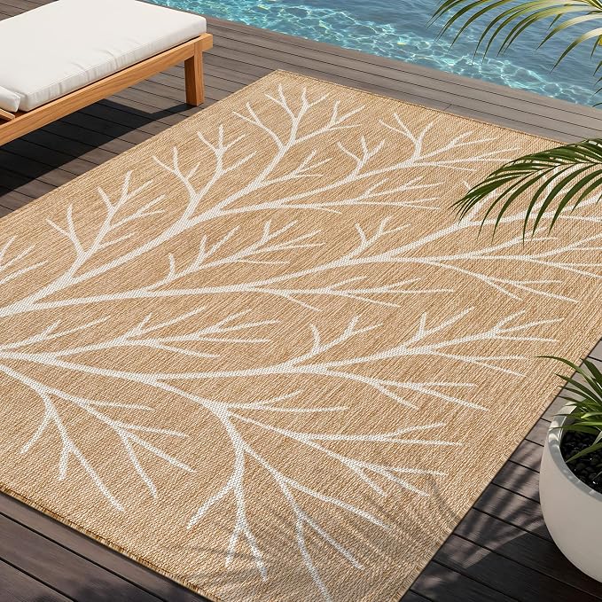 Washable Indoor Outdoor Rug 9x12 Modern Area Rugs Branch Pattern Non Shedding Waterproof Easy Clean Patio Deck Porch Living Room Bedroom Garden RV (9 X 12 Natural)