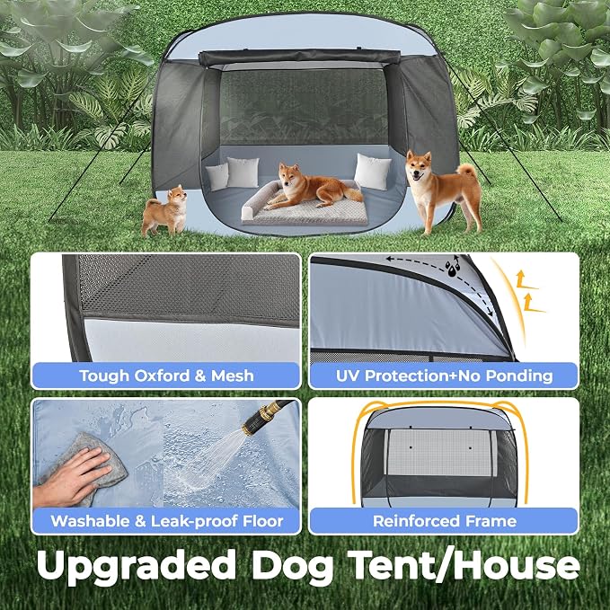 EighteenTek XLarge Popup Portable Dog Houses, 5.3'x4'H Assembly-Free Gazebo-Style Dog Cot Cat Playpen Screen Pet Tent Sun Shade Shelter Dog Bed with Canopy for Outdoor, Anti-Bugs with Leakproof Bottom