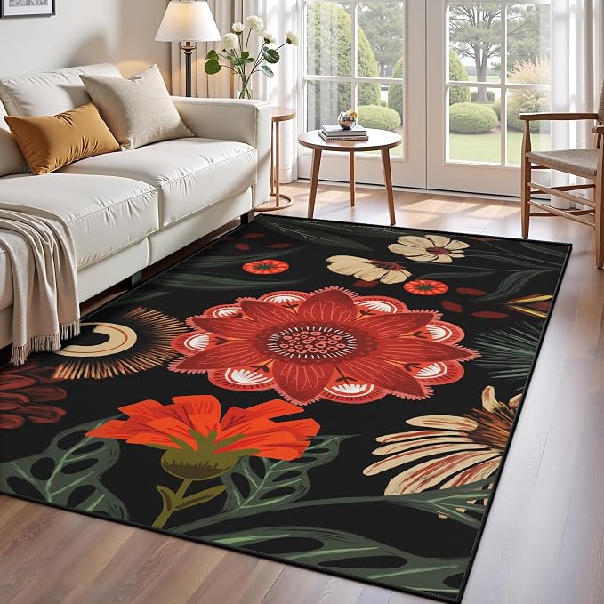 Tyrot Vintage Boho Floral 3x5 Washable Area Rug Flat Woven Ultra-Thin Low-Pile Botanical Rugs Non-Slip Indoor Rug for Bedroom, Entryway, Kitchen, Dorm, Kids Room, Nursery, Black Red