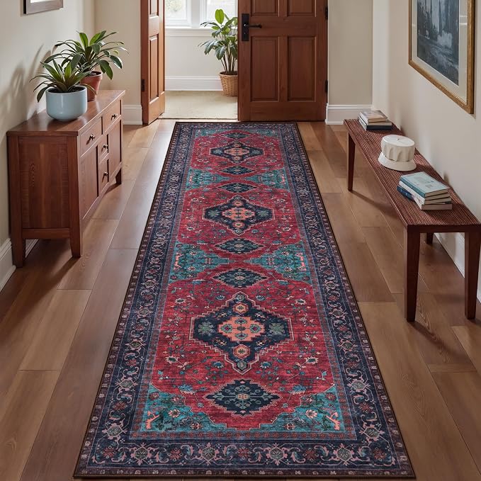 Tangsoo 2.6x10 Washable Hallway Runner Rug,Vintage Non Slip Runner Rug | Oriental Soft Low Pile Long Rug Runner, Boho Print Carpet Runners for Hallway Kitchen Bedroom Entryway Living Room Burgundy