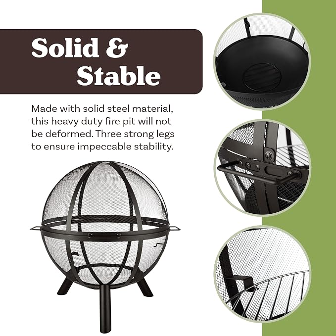 Outdoor Fire Pit Sphere - 30” Flaming Ball Fire Pit with Grill for Barbequing - Firepit Grill Wood Fire Pits for Outside Patio Decor by Pure Garden