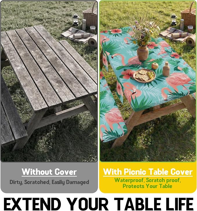 Picnic Table Cover with Bench Covers Waterproof Elastic Rectangle Reusable Folding Tablecloth Mantelería Manteles Camping Essentials Rv Car Travel Supplies Table Cloth Outdoor Road Trip Camper Gifts